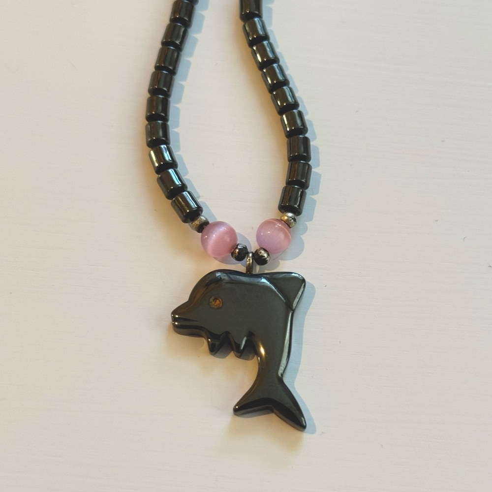 Dolphin Hematite Pink Necklace🐬🩶💓